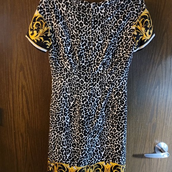 Bloomingdale's Black & Gold Animal Print Petite Silk Dress 6P - Picture 2 of 13